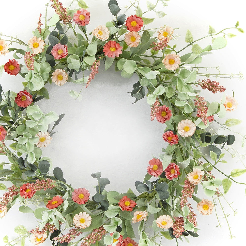 24" Pink and Green Artificial Spring Daisy Wreath