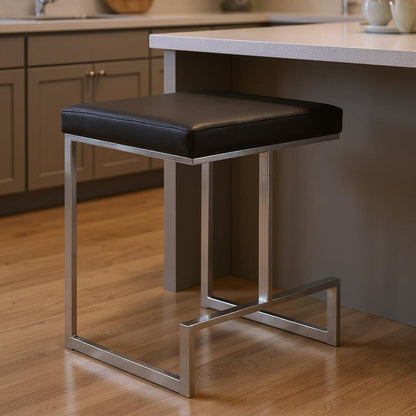 24" Black And Silver Faux Leather And Fabric And Steel Backless Counter Height Bar Chair HomeRoots
