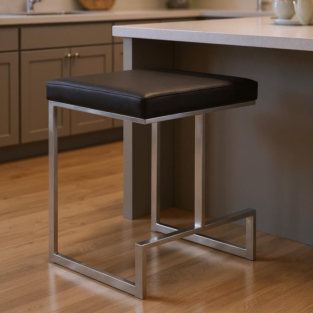 24" Black And Silver Faux Leather And Steel Backless Counter Height Bar Chair HomeRoots