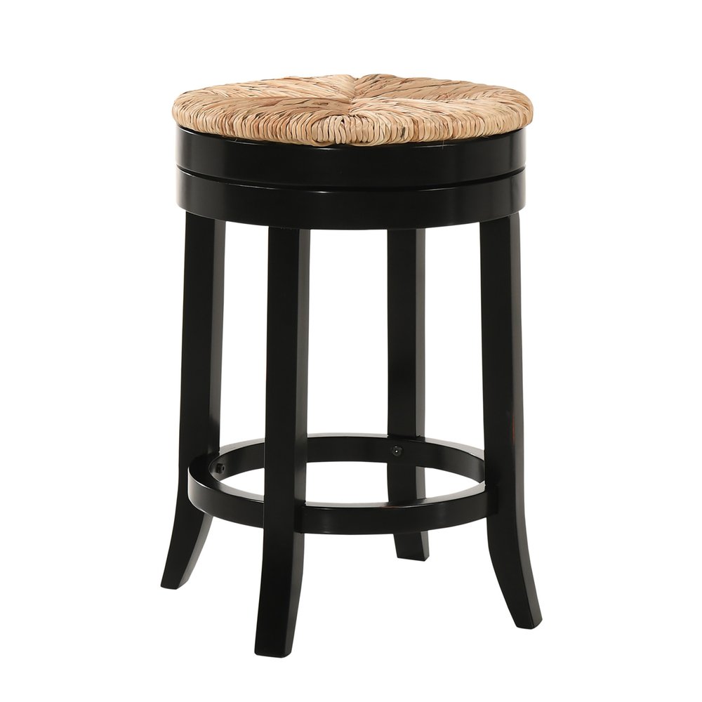 24" Natural and Black Rush and Solid Wood Backless Counter Height Swivel Bar Chair HomeRoots