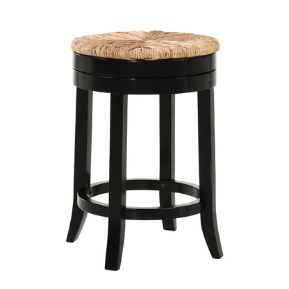 24" Natural And Black Rush And Solid Wood Backless Counter Height Swivel Bar Chair HomeRoots