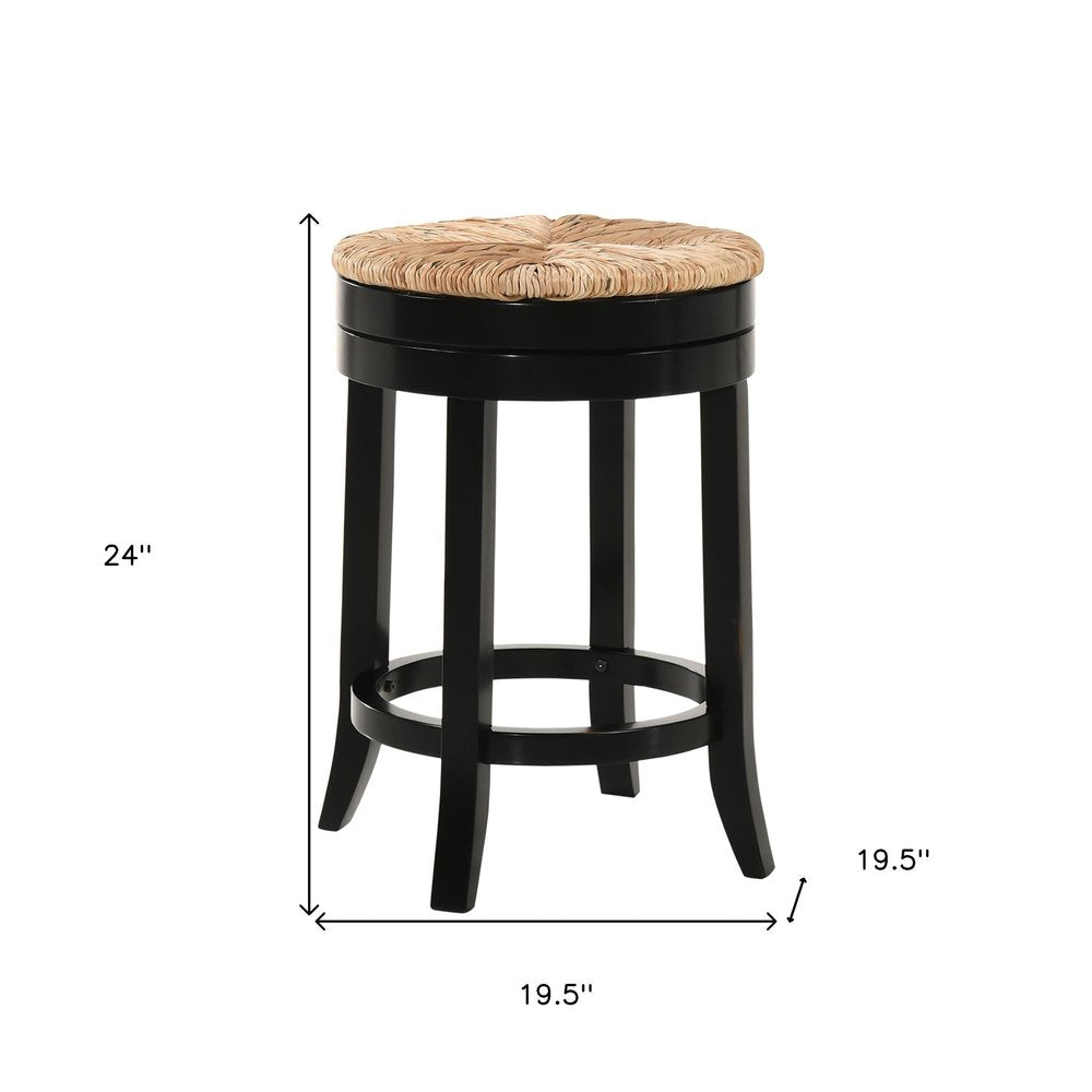 24" Natural and Black Rush and Solid Wood Backless Counter Height Swivel Bar Chair HomeRoots