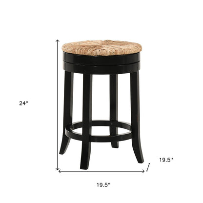 24" Natural and Black Rush and Solid Wood Backless Counter Height Swivel Bar Chair HomeRoots