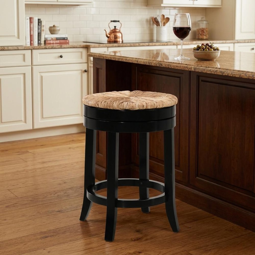 24" Natural and Black Rush and Solid Wood Backless Counter Height Swivel Bar Chair HomeRoots