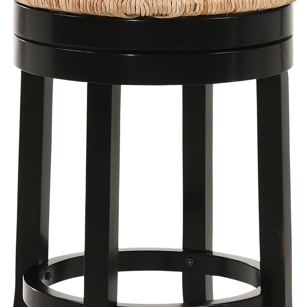 24" Natural and Black Rush and Solid Wood Backless Counter Height Swivel Bar Chair HomeRoots