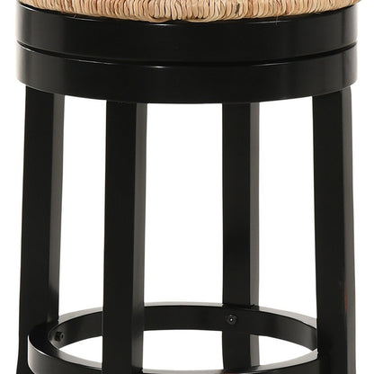 24" Natural and Black Rush and Solid Wood Backless Counter Height Swivel Bar Chair HomeRoots