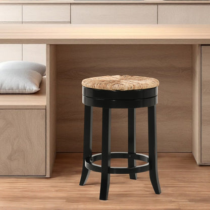 24" Natural and Black Rush and Solid Wood Backless Counter Height Swivel Bar Chair HomeRoots