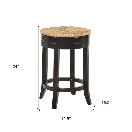 24" Natural And Espresso Rush And Solid Wood Backless Counter Height Swivel Bar Chair HomeRoots