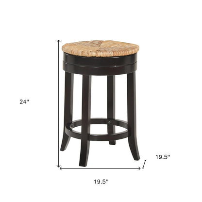 24" Natural and Espresso Rush and Solid Wood Backless Counter Height Swivel Bar Chair HomeRoots