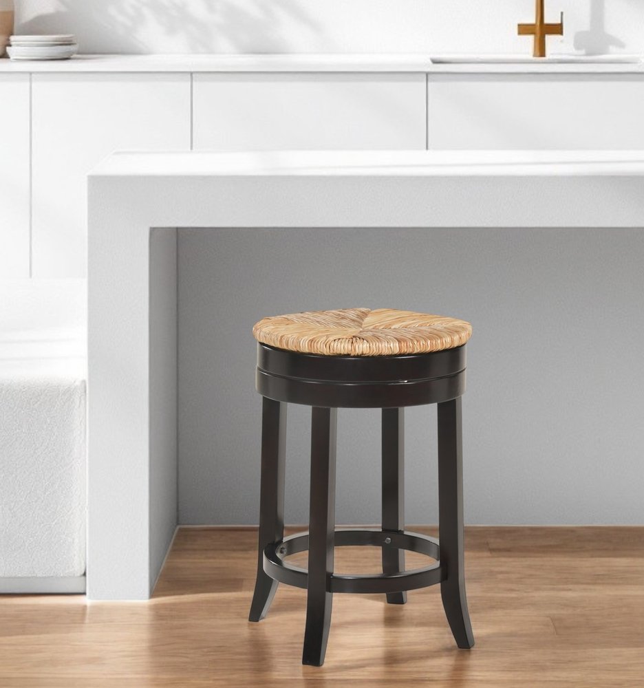 24" Natural and Espresso Rush and Solid Wood Backless Counter Height Swivel Bar Chair HomeRoots