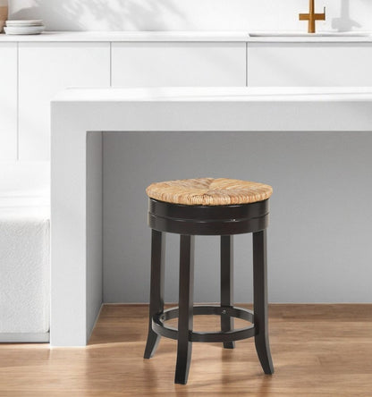 24" Natural and Espresso Rush and Solid Wood Backless Counter Height Swivel Bar Chair HomeRoots
