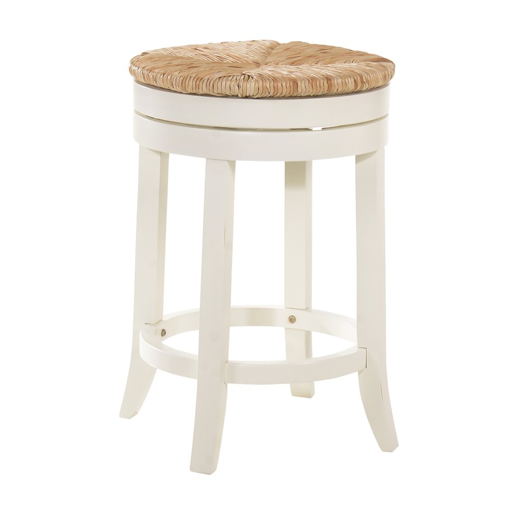 24" Natural And Antiqued White Rush And Solid Wood Backless Counter Height Swivel Bar Chair — view 1
