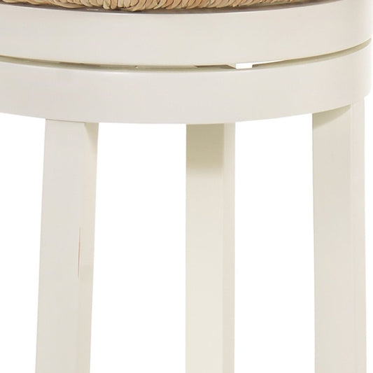 24" Natural And Antiqued White Rush And Solid Wood Backless Counter Height Swivel Bar Chair HomeRoots