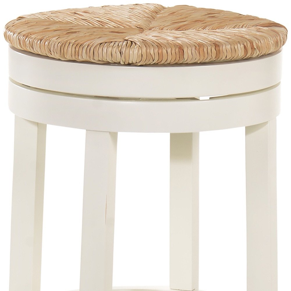 24" Natural And Antiqued White Rush And Solid Wood Backless Counter Height Swivel Bar Chair — view 3
