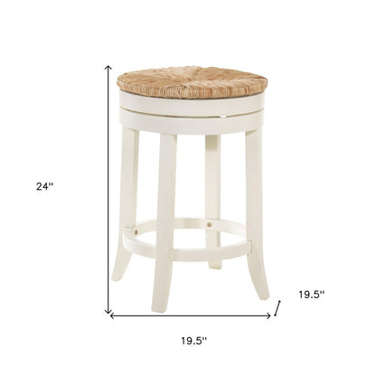 24" Natural And Antiqued White Rush And Solid Wood Backless Counter Height Swivel Bar Chair