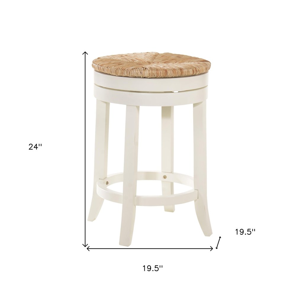 24" Natural And Antiqued White Rush And Solid Wood Backless Counter Height Swivel Bar Chair HomeRoots