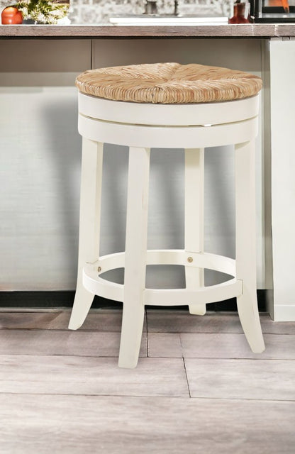 24" Natural And Antiqued White Solid Wood Swivel Backless Counter Height Bar Chair HomeRoots