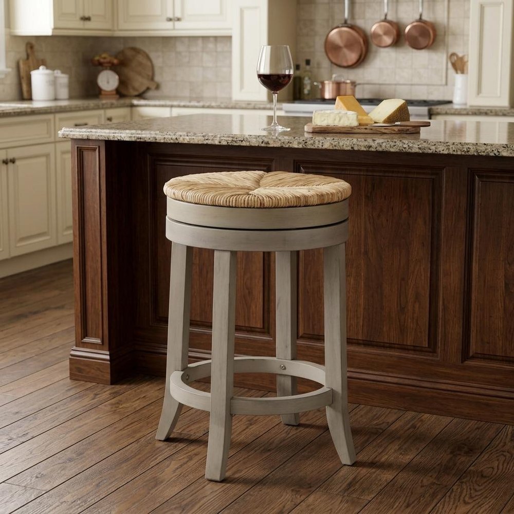 24" Natural And Gray Rush And Solid Wood Backless Counter Height Swivel Bar Chair HomeRoots