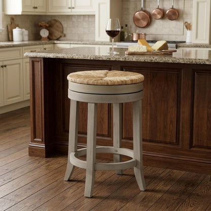 24" Natural And Gray Rush And Solid Wood Backless Counter Height Swivel Bar Chair HomeRoots