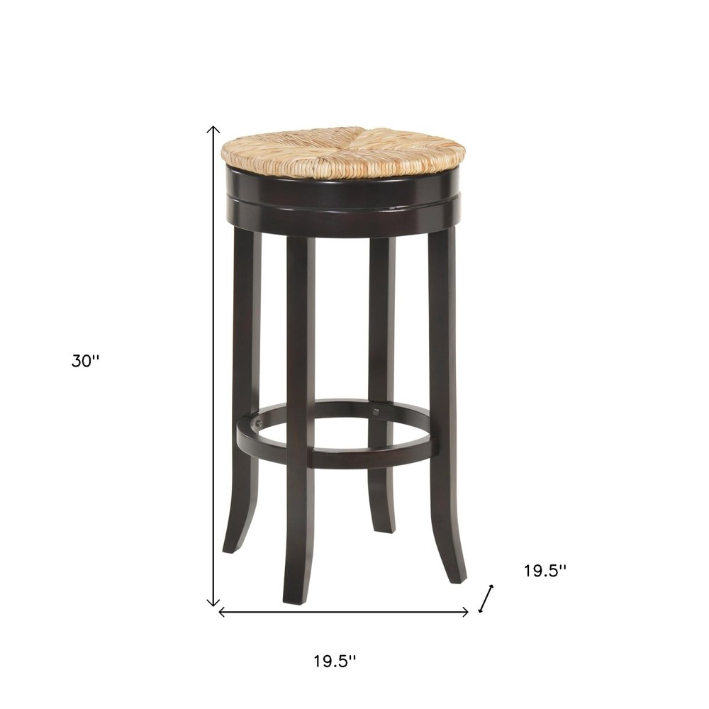30" Natural And Espresso Rush And Solid Wood Backless Bar Height Swivel Bar Chair HomeRoots