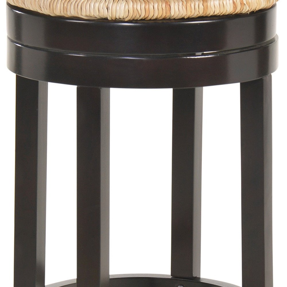 30" Natural And Espresso Rush And Solid Wood Backless Bar Height Swivel Bar Chair HomeRoots