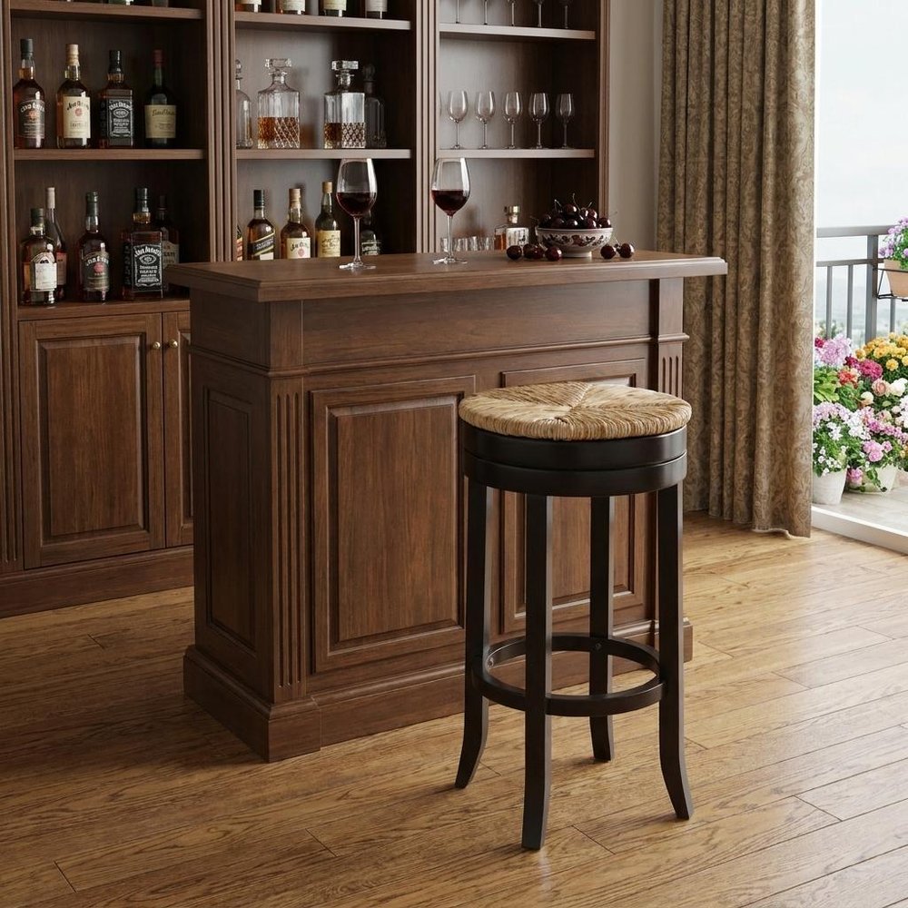 30" Natural And Espresso Rush And Solid Wood Backless Bar Height Swivel Bar Chair HomeRoots