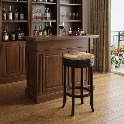 30" Natural And Espresso Rush And Solid Wood Backless Bar Height Swivel Bar Chair HomeRoots