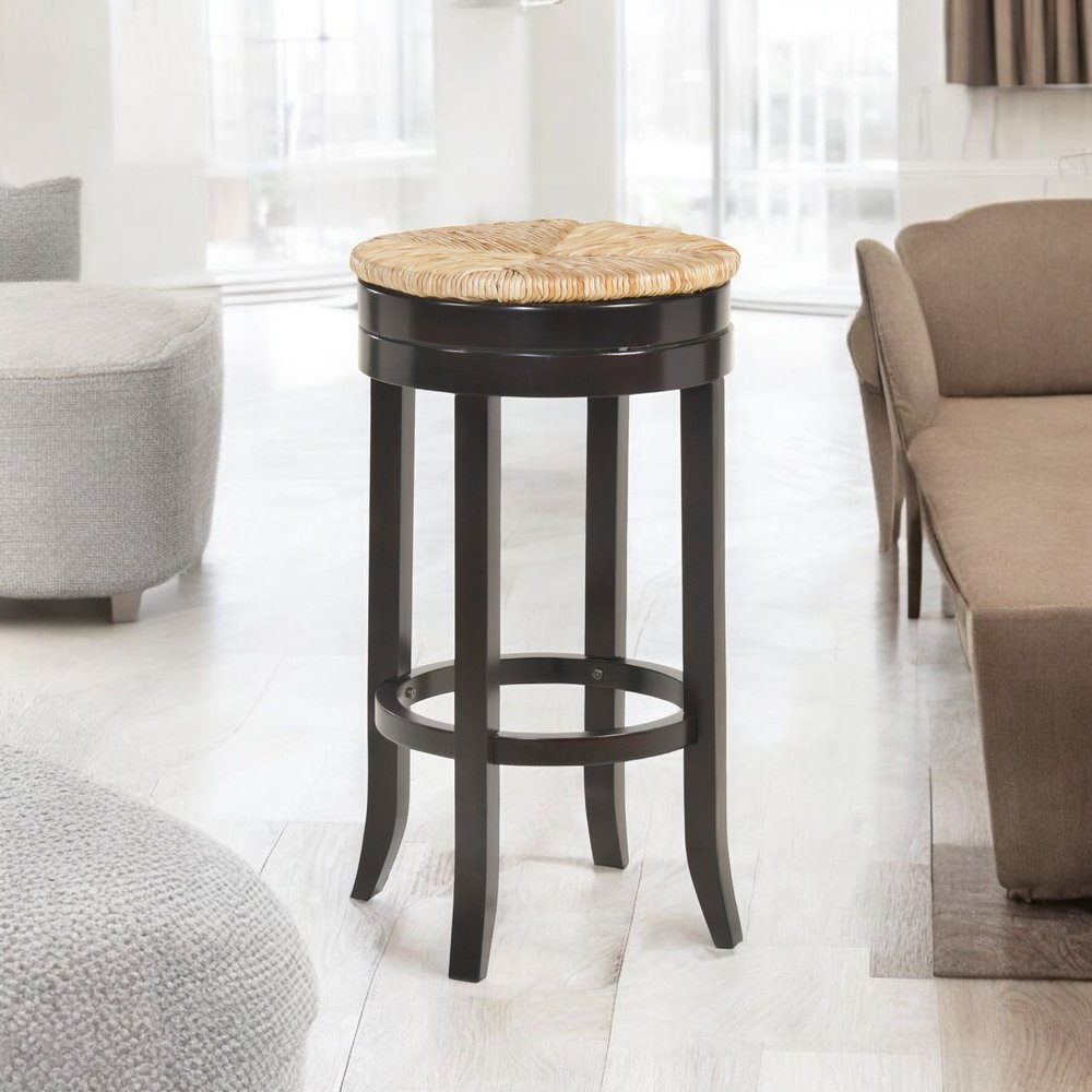 30" Natural and Espresso Rush and Solid Wood Backless Bar Height Swivel Bar Chair HomeRoots