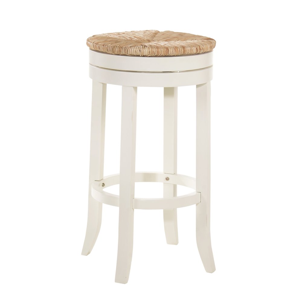 30" Natural And Antiqued White Rush And Solid Wood Backless Bar Height Swivel Bar Chair HomeRoots