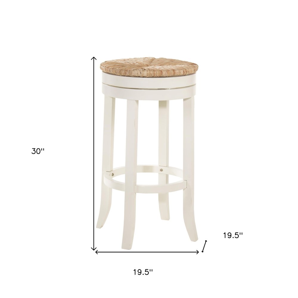 30" Natural And Antiqued White Rush And Solid Wood Backless Bar Height Swivel Bar Chair HomeRoots