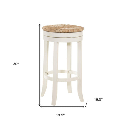 30" Natural And Antiqued White Rush And Solid Wood Backless Bar Height Swivel Bar Chair HomeRoots