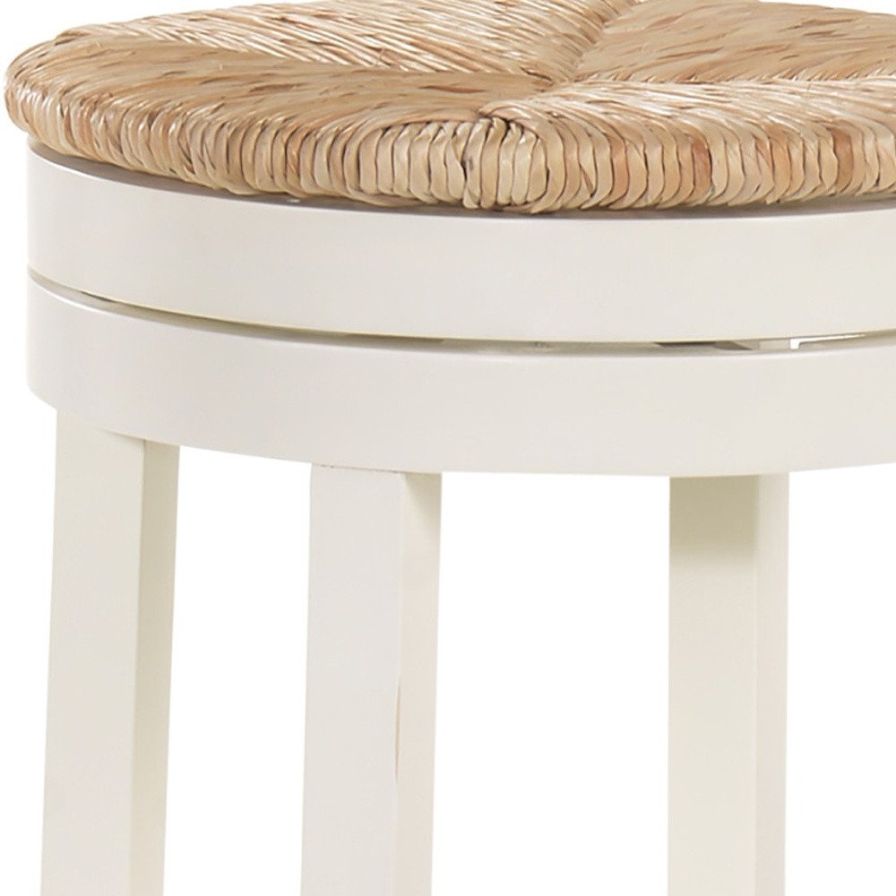 30" Natural And Antiqued White Rush And Solid Wood Backless Bar Height Swivel Bar Chair HomeRoots