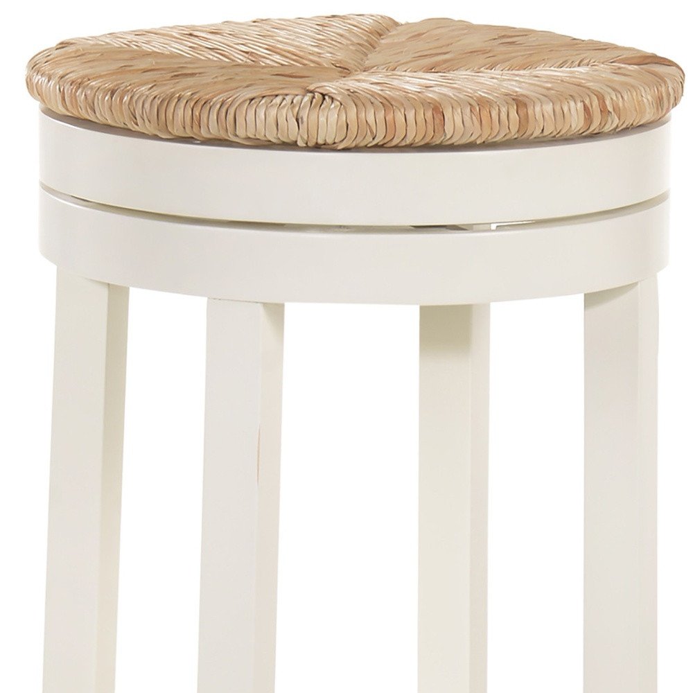 30" Natural And Antiqued White Rush And Solid Wood Backless Bar Height Swivel Bar Chair HomeRoots