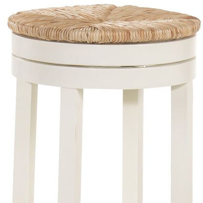 30" Natural And Antiqued White Rush And Solid Wood Backless Bar Height Swivel Bar Chair HomeRoots