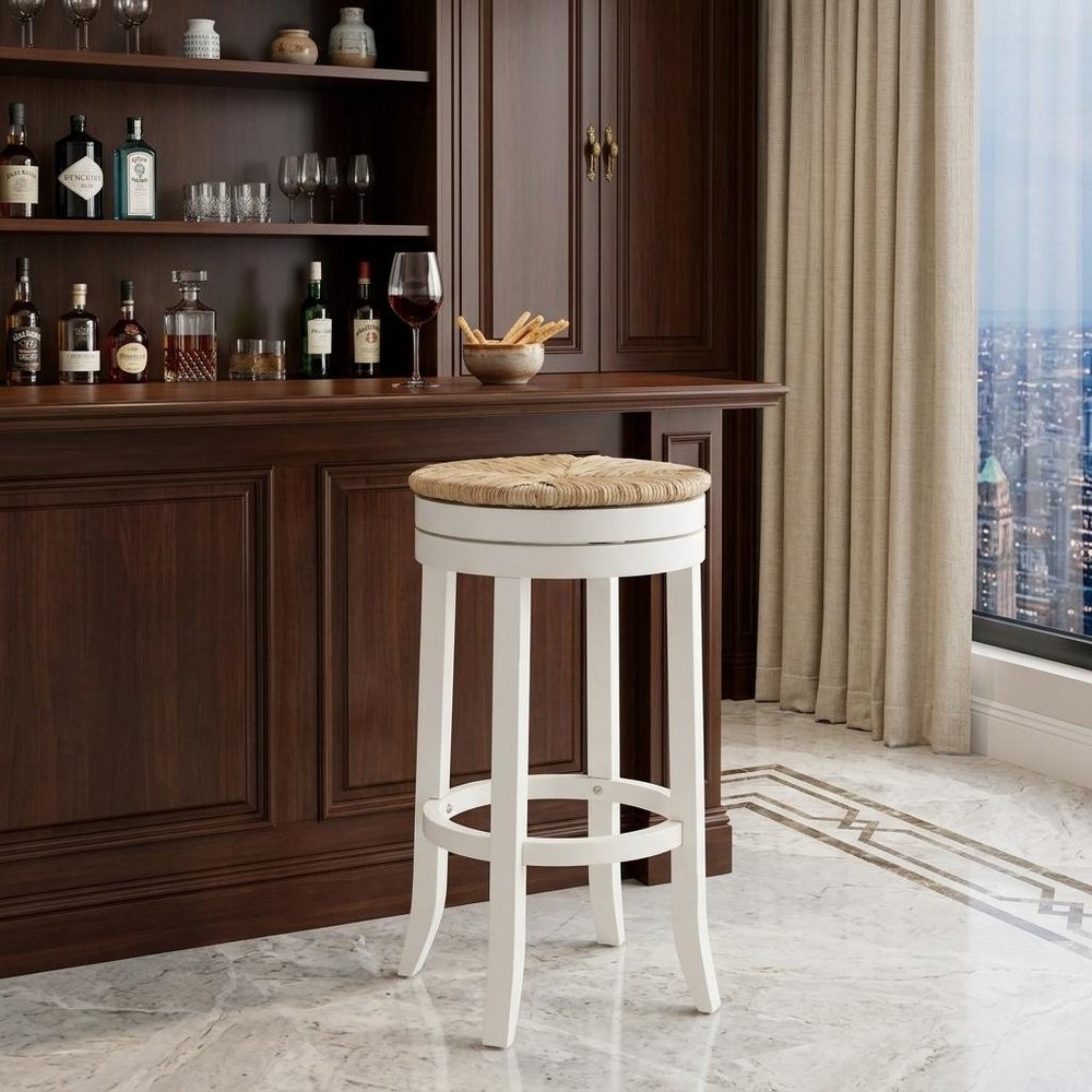 30" Natural And Antiqued White Rush And Solid Wood Backless Bar Height Swivel Bar Chair HomeRoots