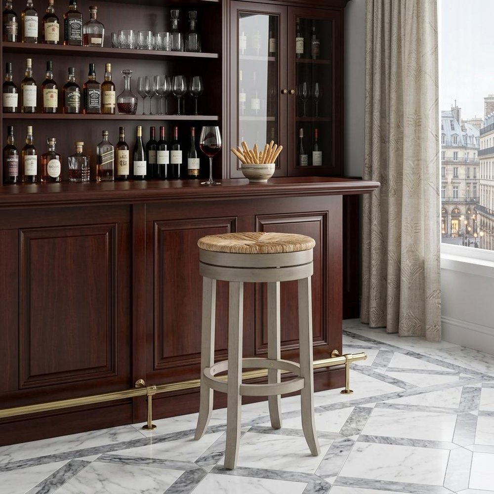 30" Natural And Gray Solid Wood Swivel Backless Bar Height Bar Chair HomeRoots