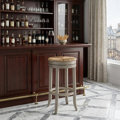 30" Natural And Gray Rush And Solid Wood Backless Bar Height Swivel Bar Chair HomeRoots