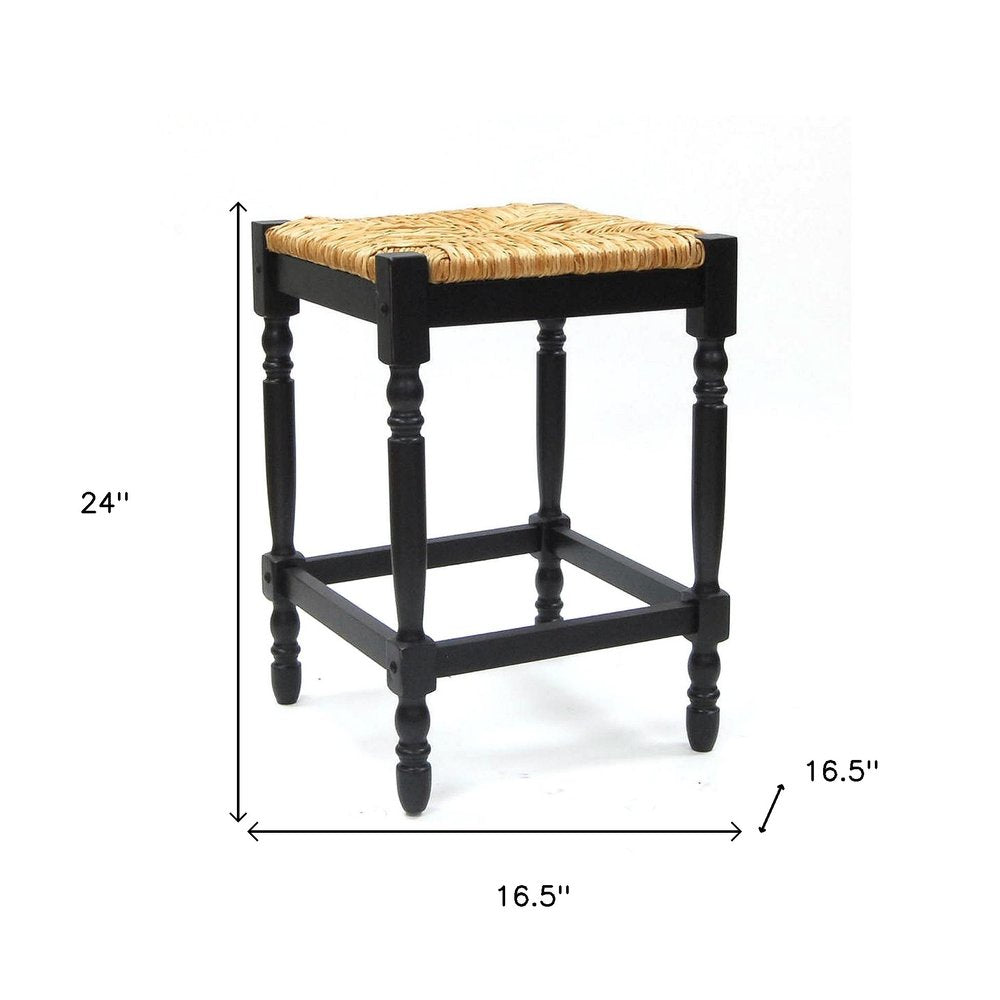 24" Natural And Black Rush And Solid Wood Backless Counter Height Bar Chair HomeRoots