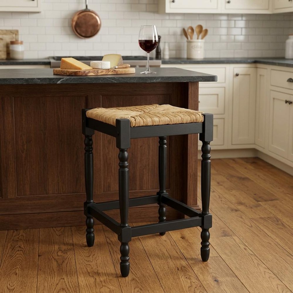 24" Natural And Black Rush And Solid Wood Backless Counter Height Bar Chair HomeRoots