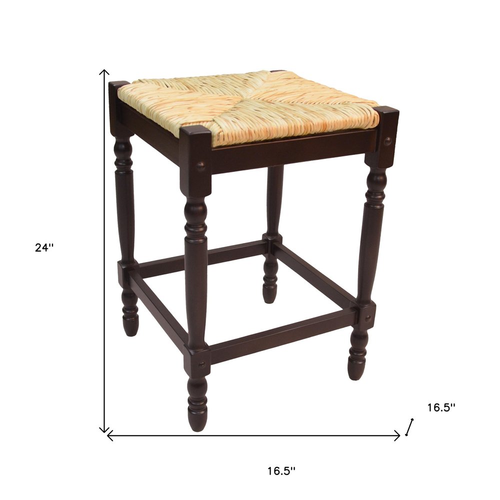 24" Natural And Espresso Rush And Solid Wood Backless Counter Height Bar Chair HomeRoots