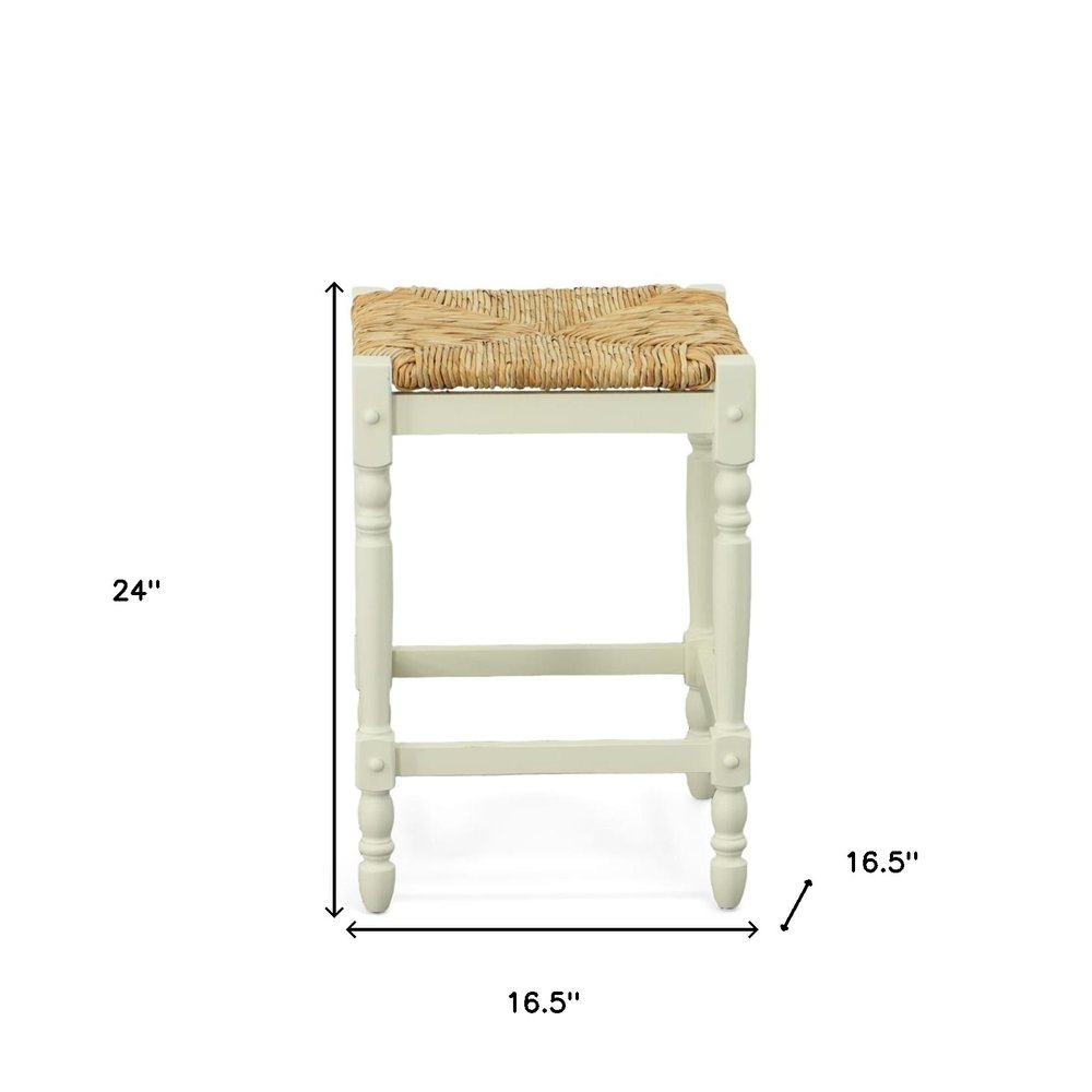 24" Natural And Antiqued White Rush And Solid Wood Backless Counter Height Bar Chair HomeRoots