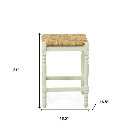 24" Natural And Antiqued White Rush And Solid Wood Backless Counter Height Bar Chair HomeRoots