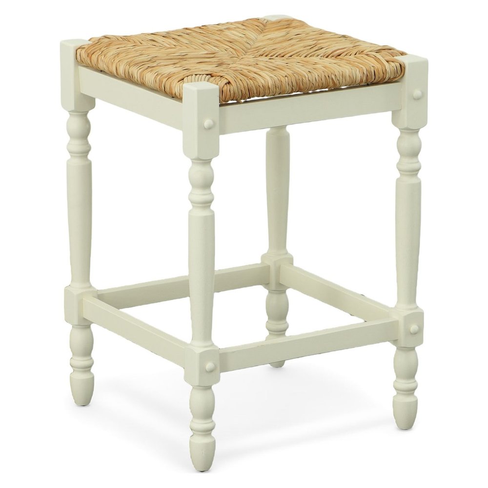 24" Natural And Antiqued White Rush And Solid Wood Backless Counter Height Bar Chair HomeRoots