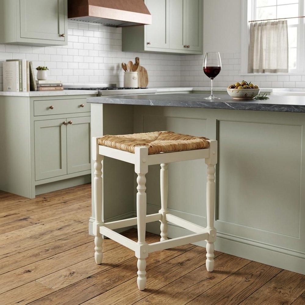 24" Natural And Antiqued White Rush And Solid Wood Backless Counter Height Bar Chair HomeRoots