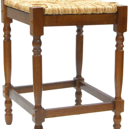 24" Natural And Brown Rush And Solid Wood Backless Counter Height Bar Chair HomeRoots