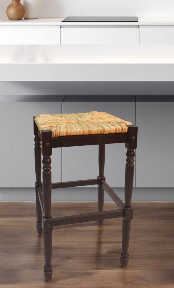 29" Natural and Espresso Wicker and Solid Wood Backless Bar Height Bar Chair HomeRoots