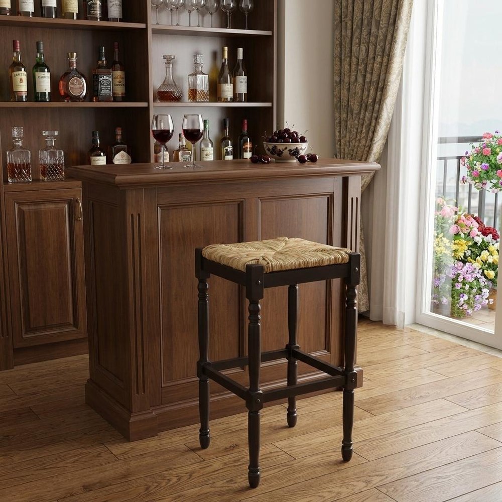 29" Natural And Espresso Wicker And Solid Wood Backless Bar Height Bar Chair HomeRoots