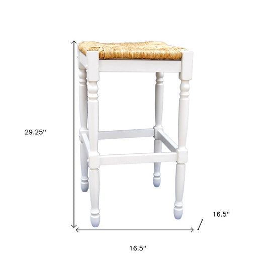 29" Natural And Antiqued White Rush And Solid Wood Backless Bar Height Bar Chair HomeRoots