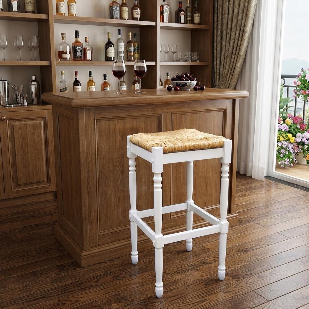 29" Natural And Antiqued White Solid Wood Backless Bar Height Bar Chair HomeRoots