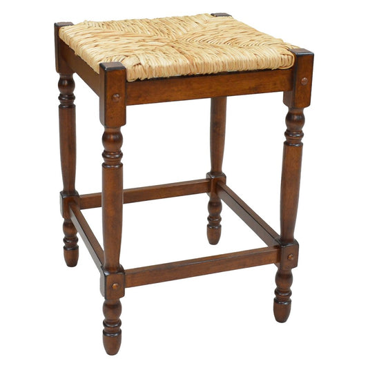 29" Natural And Chestnut Rush And Solid Wood Backless Bar Height Bar Chair HomeRoots